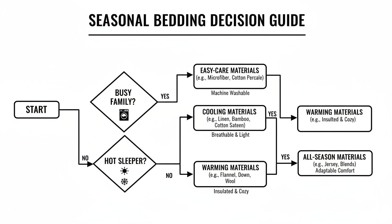 Flowchart illustrating a seasonal bedding decision guide for choosing materials based on family needs and sleeping preferences.