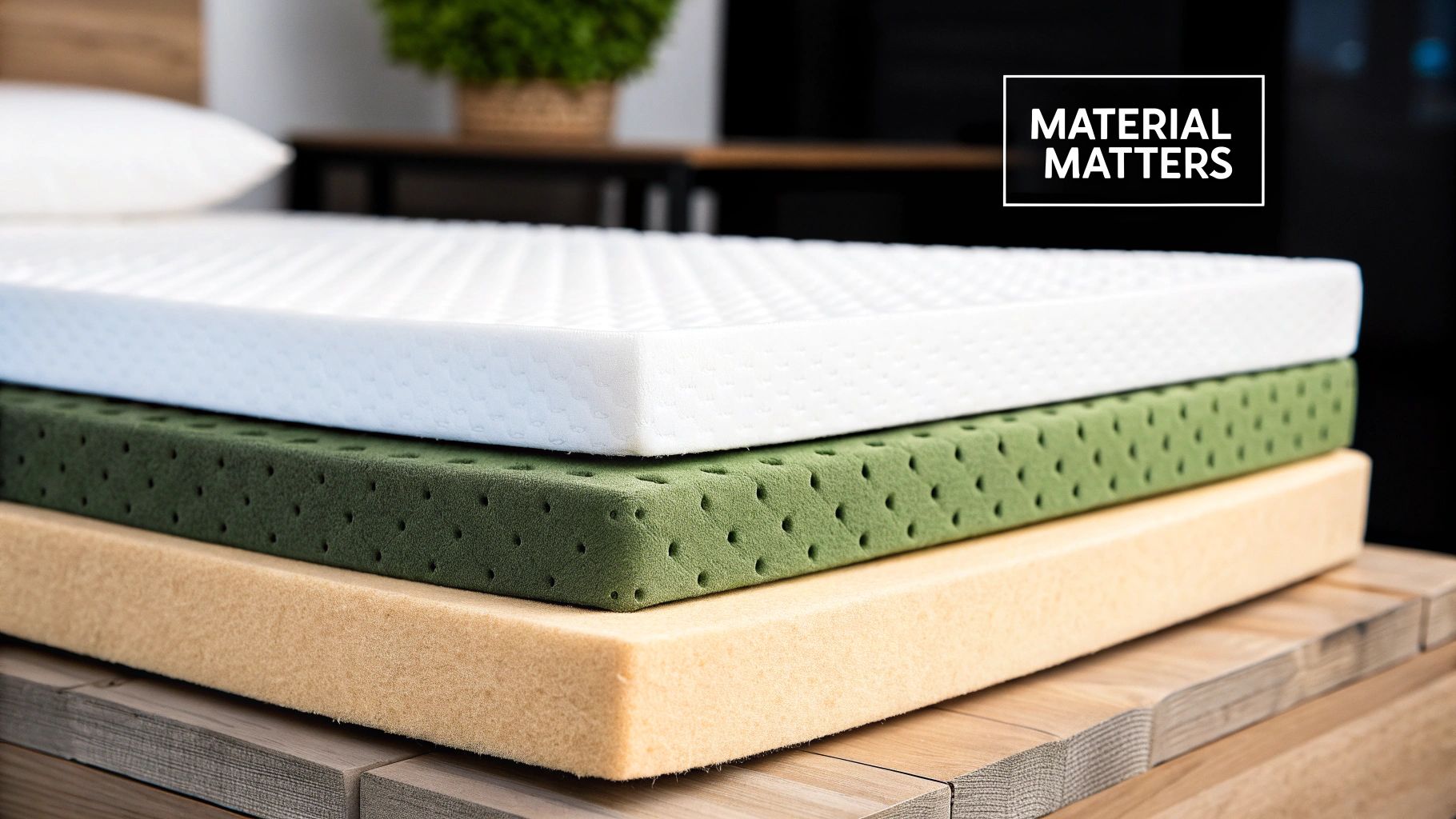 Close-up shot of different mattress topper material layers, such as memory foam, latex, and wool.