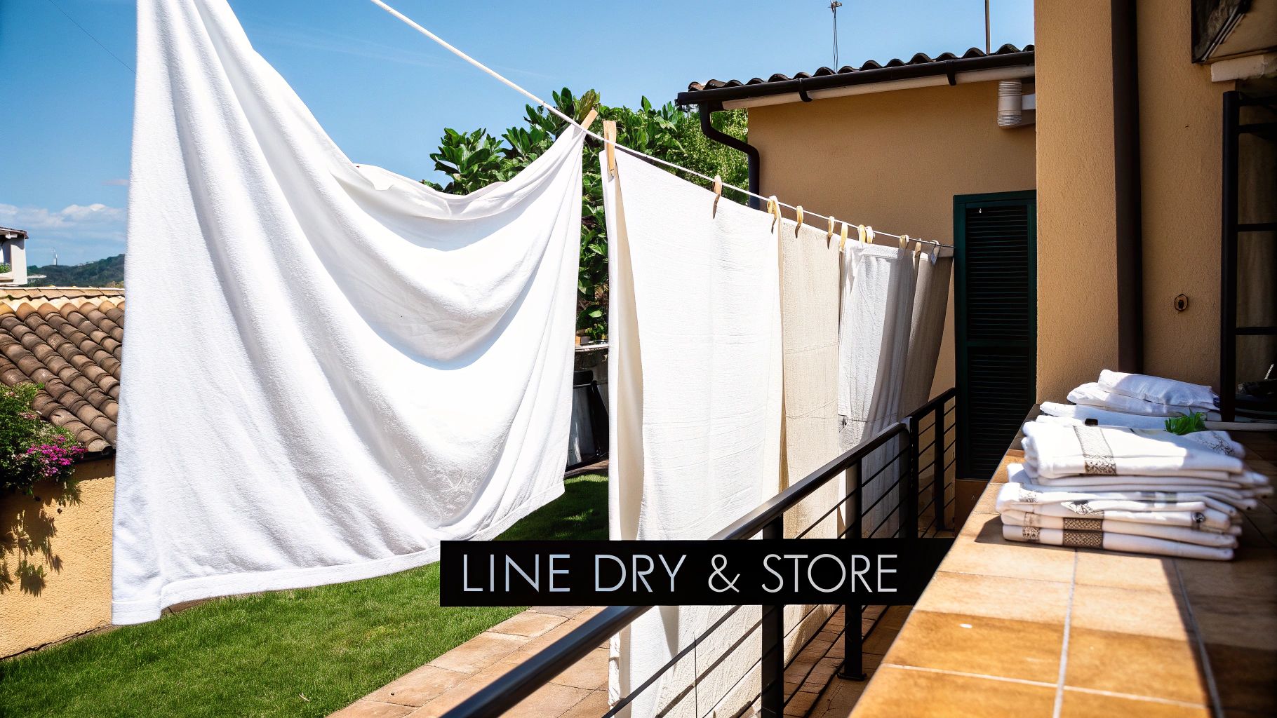 White sheets and towels line-drying outdoors on a sunny day, with neatly folded towels stacked.