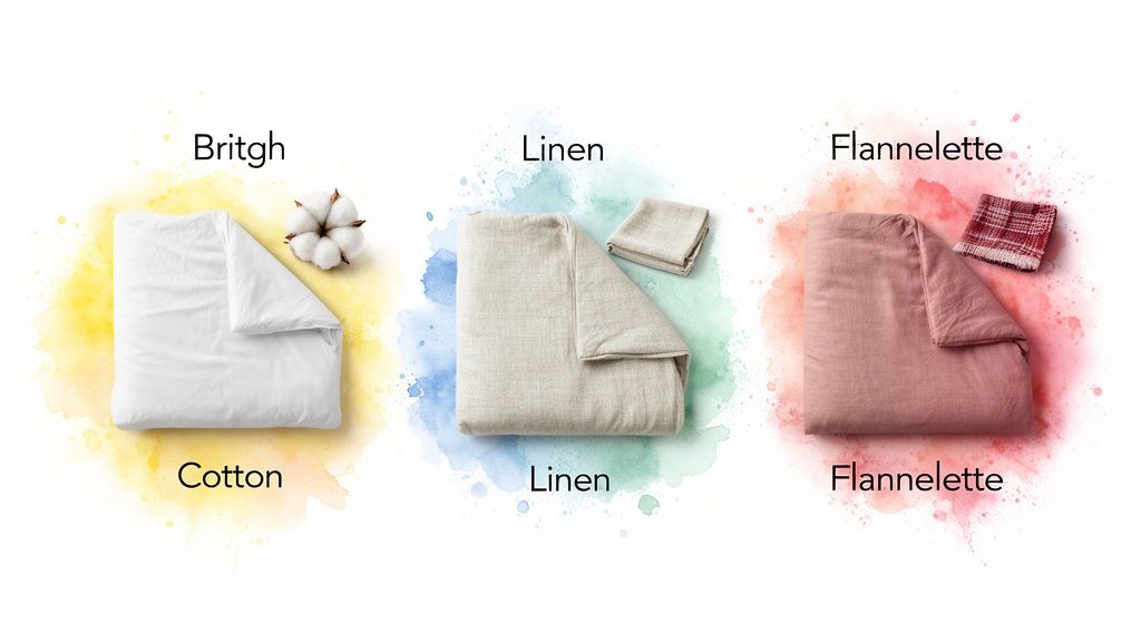 Three types of quilt cover fabrics: white cotton, beige linen, and pink flannelette samples.