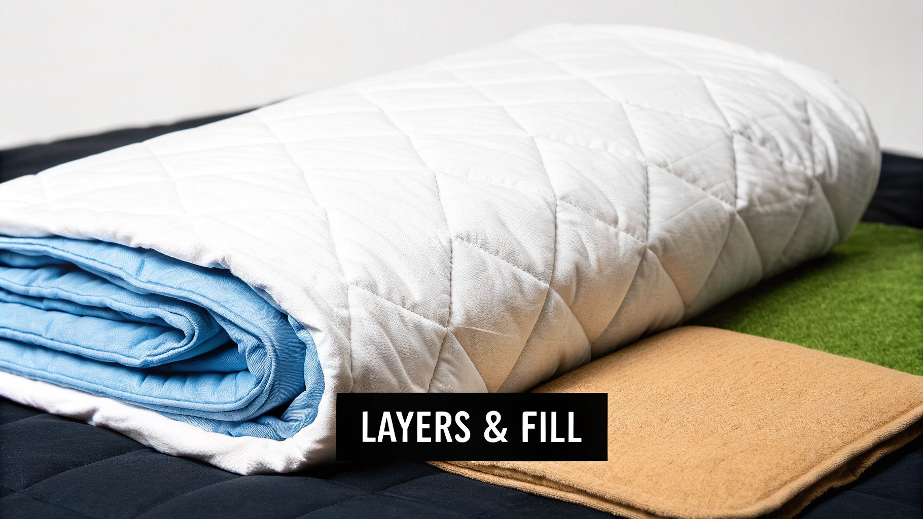 Close-up of a white quilted blanket rolled to reveal soft blue inner layers and various fabric textures.