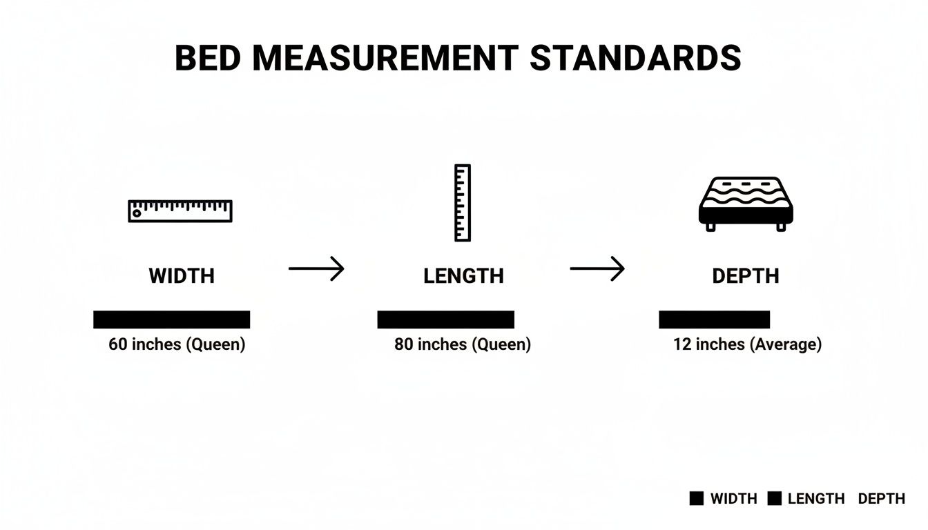 Diagram showing bed measurement standards for width, length, and average depth, specifically for a Queen size bed.