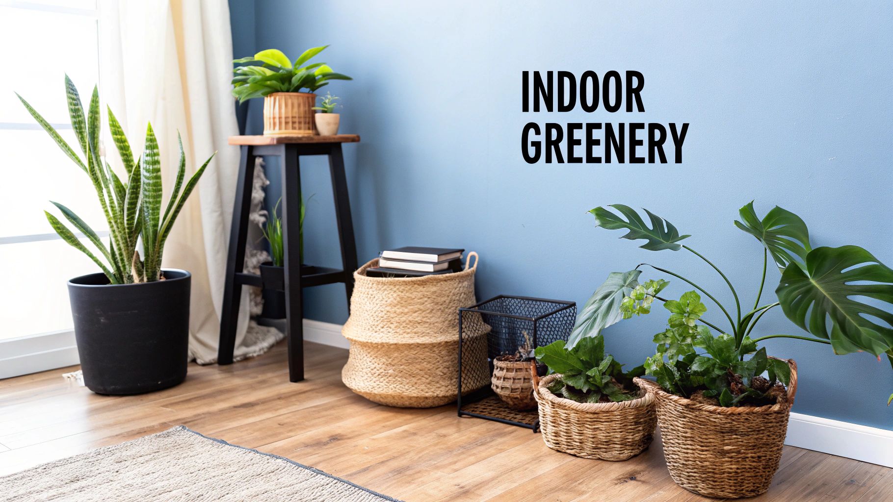 A modern room featuring light blue walls, wooden floors, and various lush indoor plants in pots and baskets.