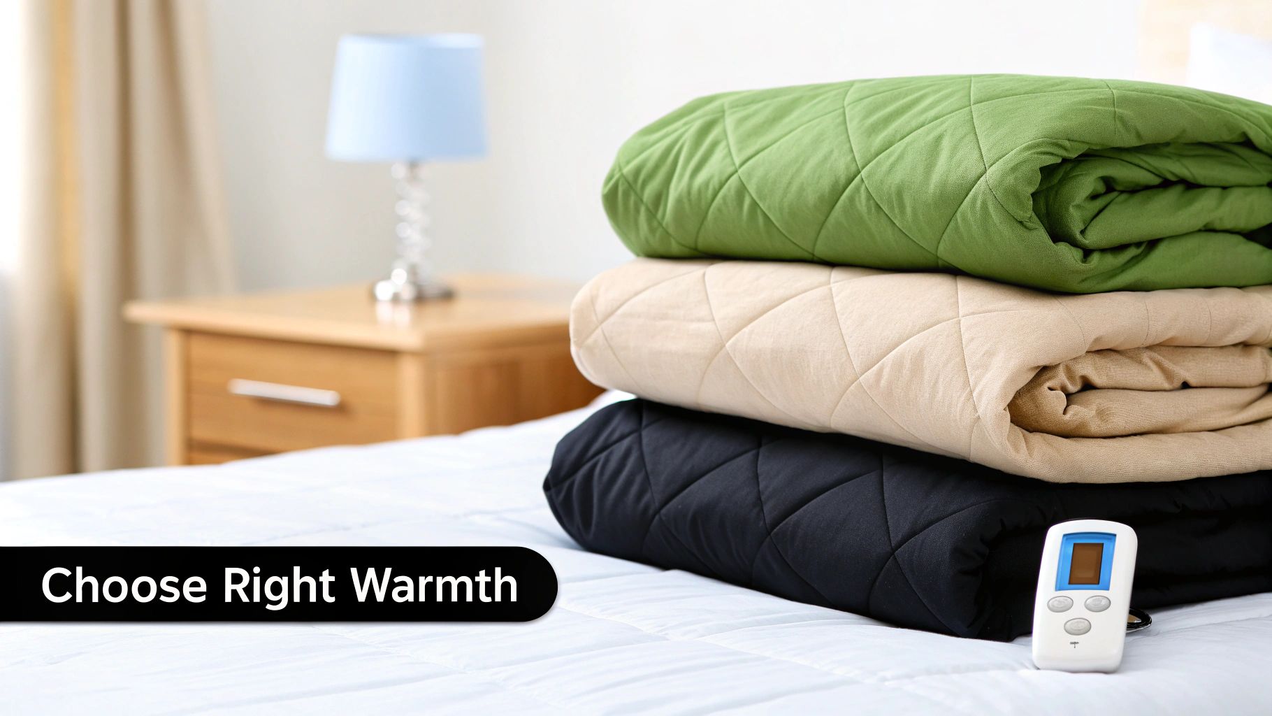 A stack of three quilted comforters in green, beige, and black, with a remote control on a bed.