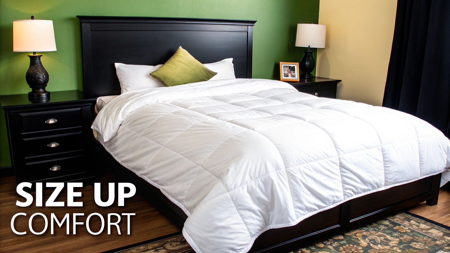 A well-made bed with a white quilted duvet and green throw pillow, flanked by black nightstands and lamps.