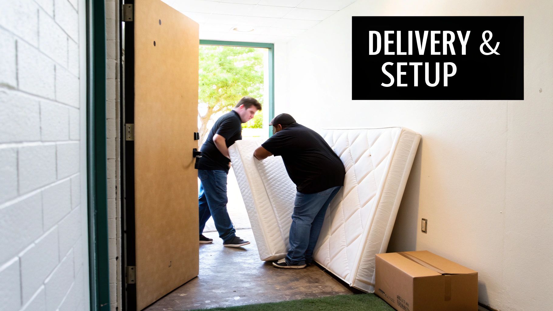 Two delivery workers carrying a large white mattress through a doorway into a home