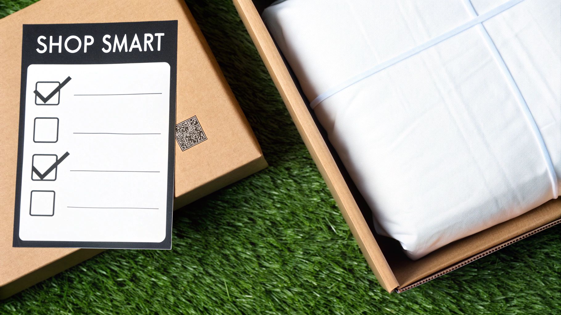 A 'Shop Smart' checklist on a closed box and an open box with white folded linen on green grass.