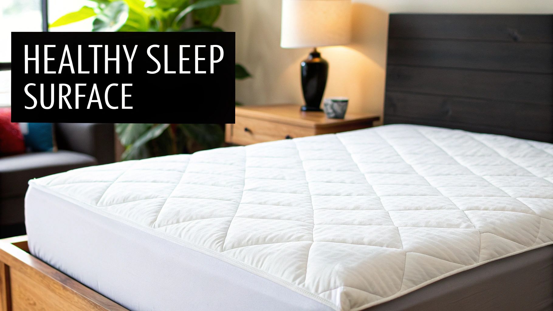 A clean, white quilted mattress pad on a bed with a wooden frame and headboard, labeled "HEALTHY SLEEP SURFACE".