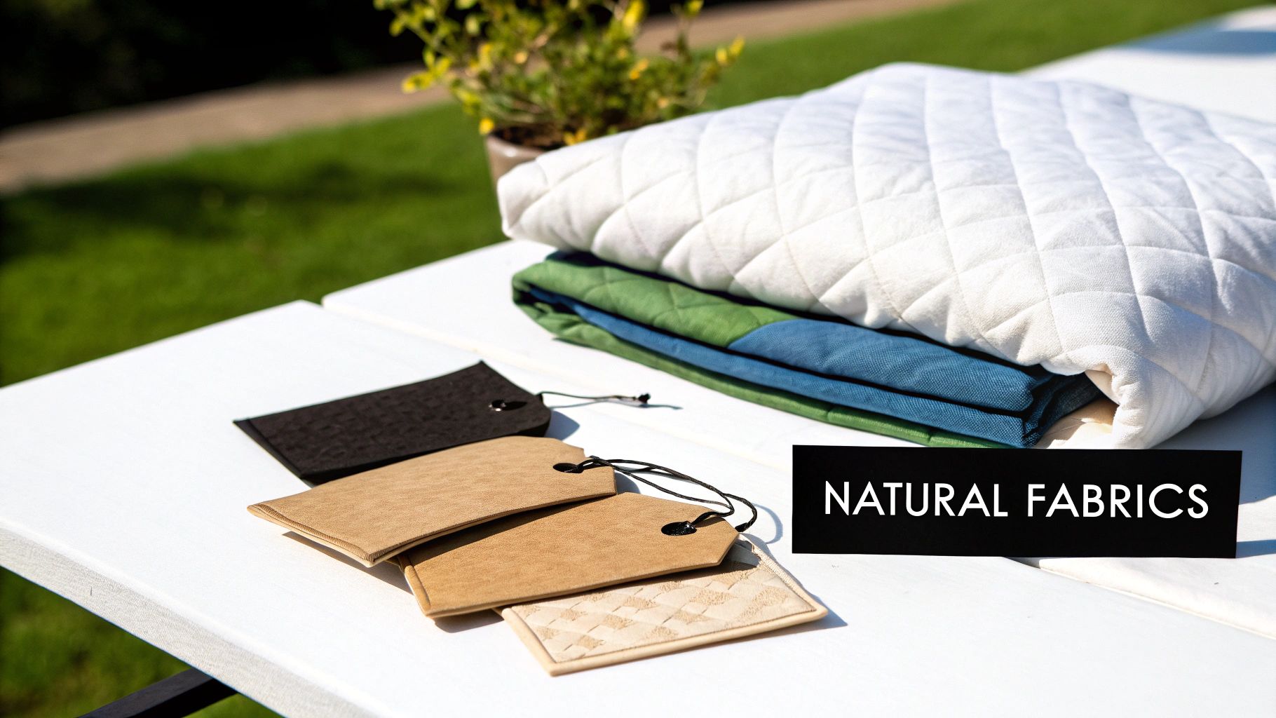 Stack of quilted and solid natural fabrics on a white table with tags and a 'NATURAL FABRICS' sign.