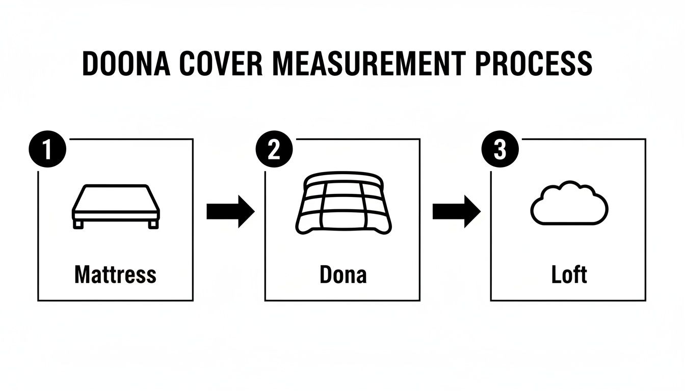A three-step diagram illustrating the Doona cover measurement process, including Mattress, Doona, and Loft.
