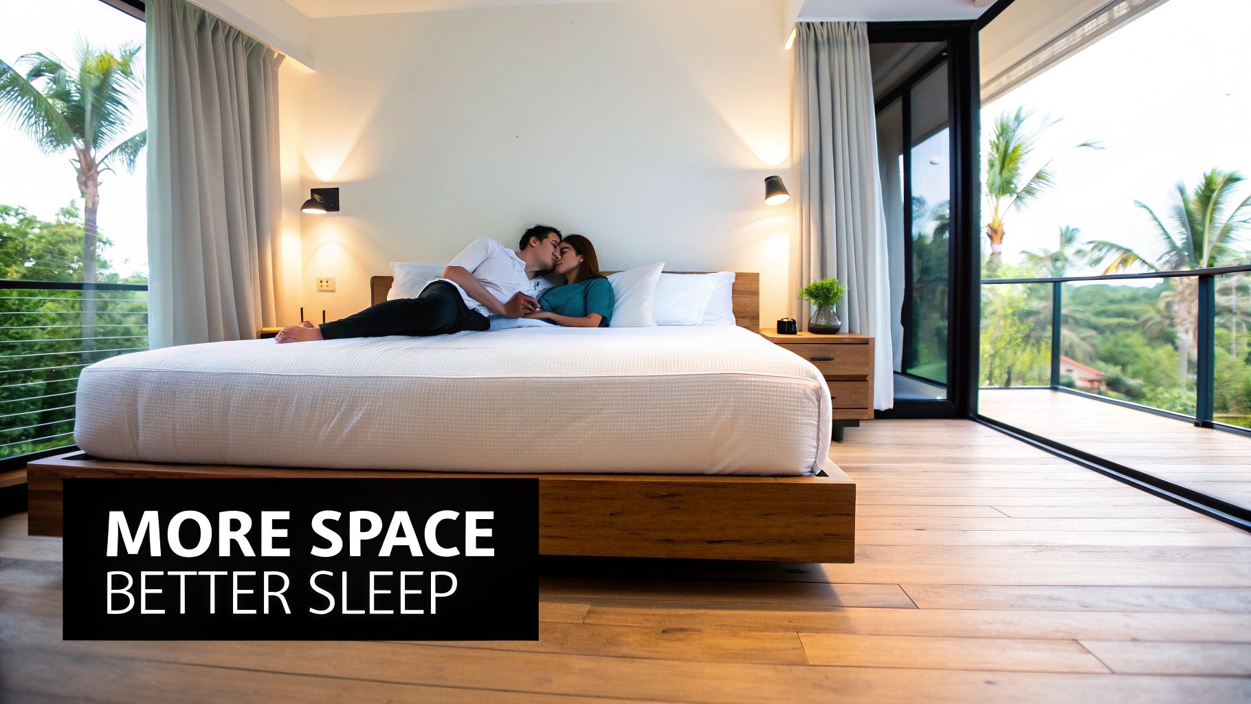 A couple kisses on a spacious king-size bed in a modern bedroom with a balcony and tropical view.