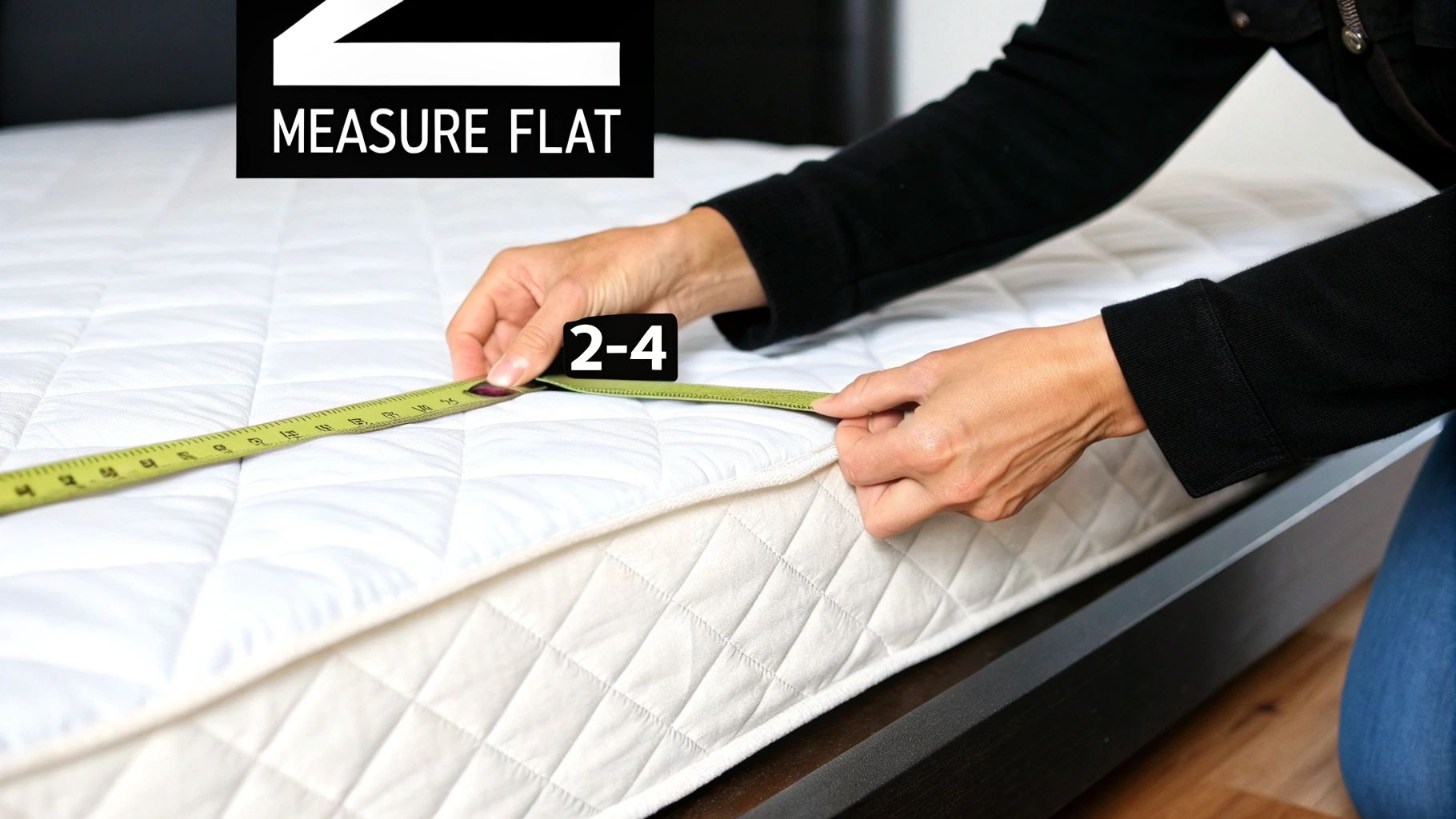 A person measuring a white duvet on a bed with a tape measure.