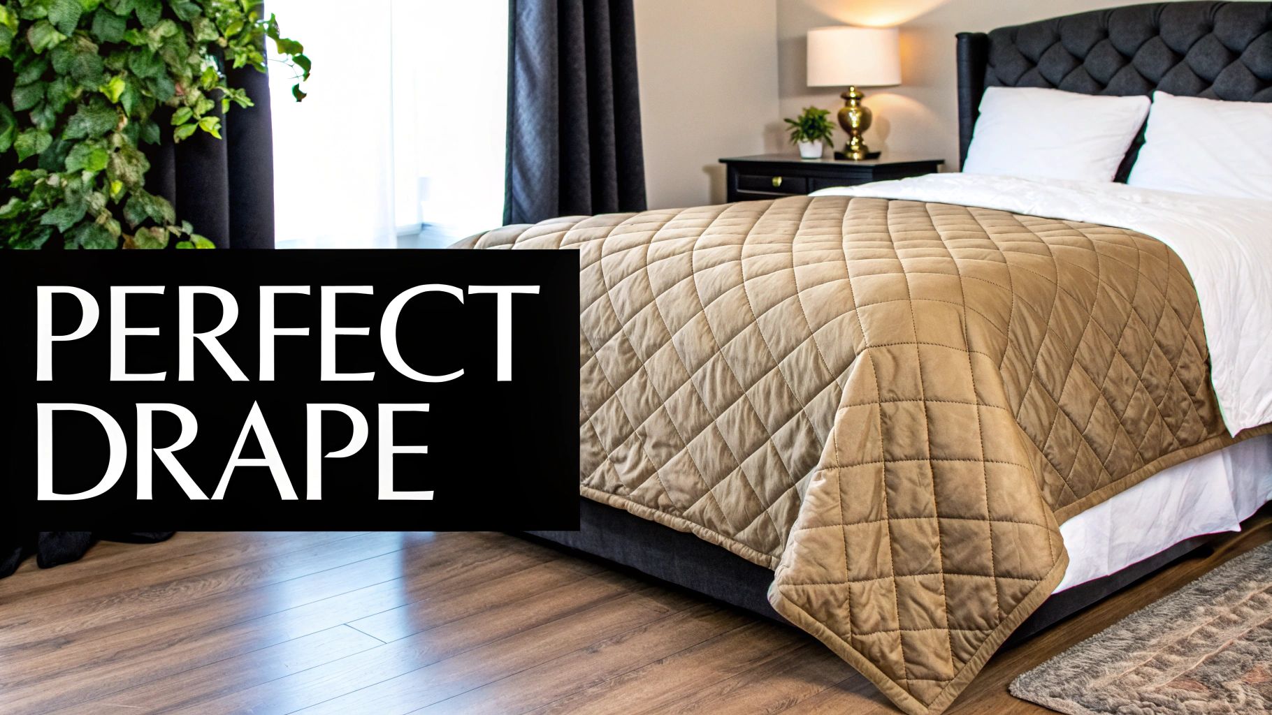 A cozy bedroom features a bed with a brown quilted coverlet, white pillows, and a black headboard.