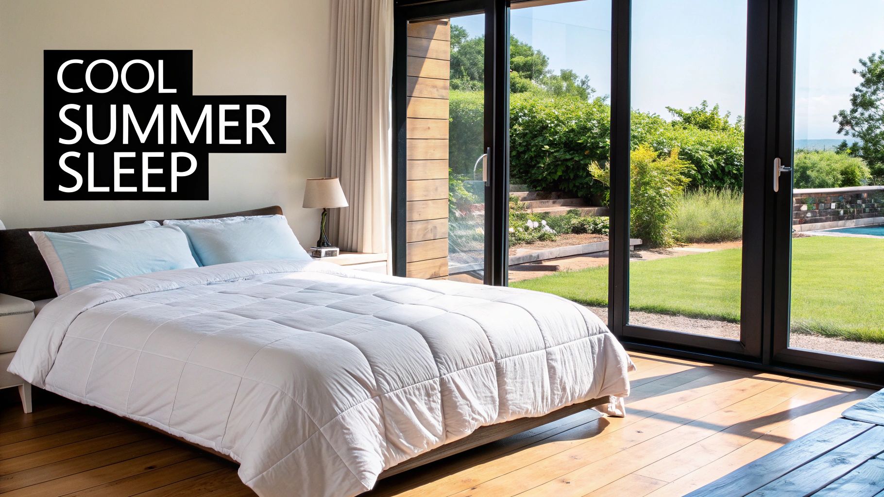 A neatly made bed with a light-coloured summer duvet and pillows, in a bright, airy bedroom.