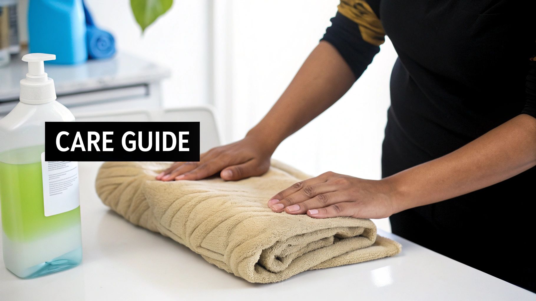 A person carefully folding a clean cream throw blanket.