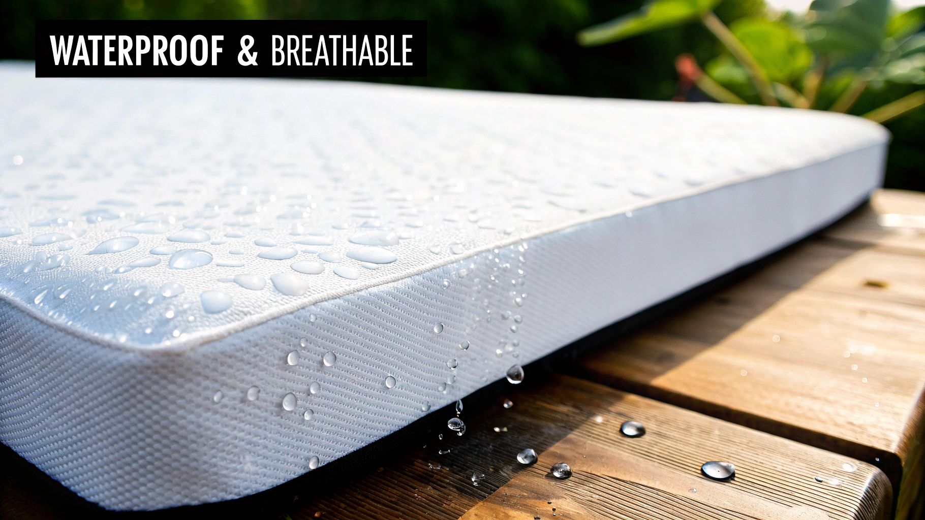 White waterproof and breathable mattress protector with water droplets on a wooden deck outdoors.