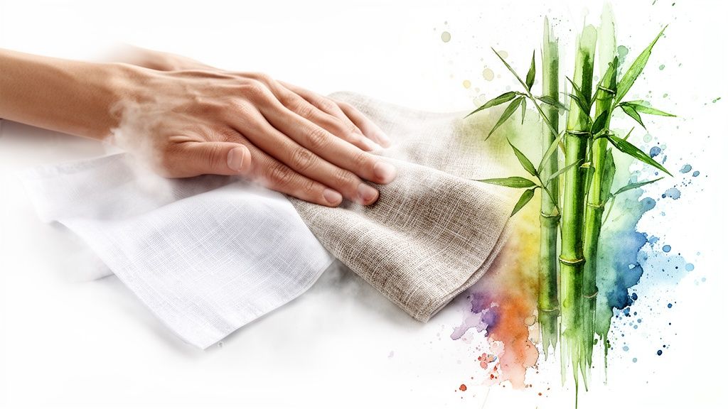 Close-up of a hand touching natural linen fabric with watercolor bamboo and color splashes.