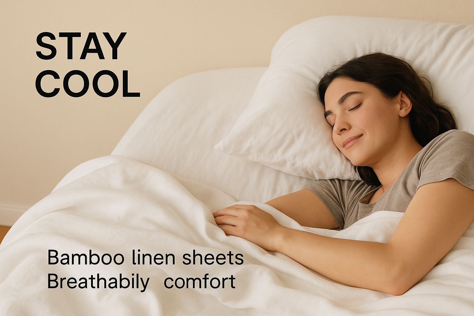 A person sleeping peacefully on bamboo linen sheets, with the text overlay "Stay Cool".