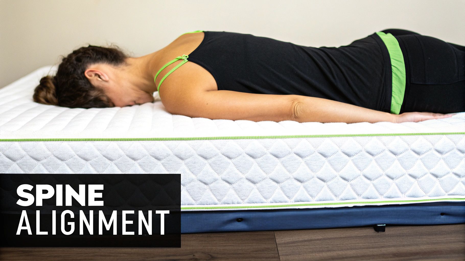 A person lies face down on a white mattress with green accents, demonstrating spine alignment.