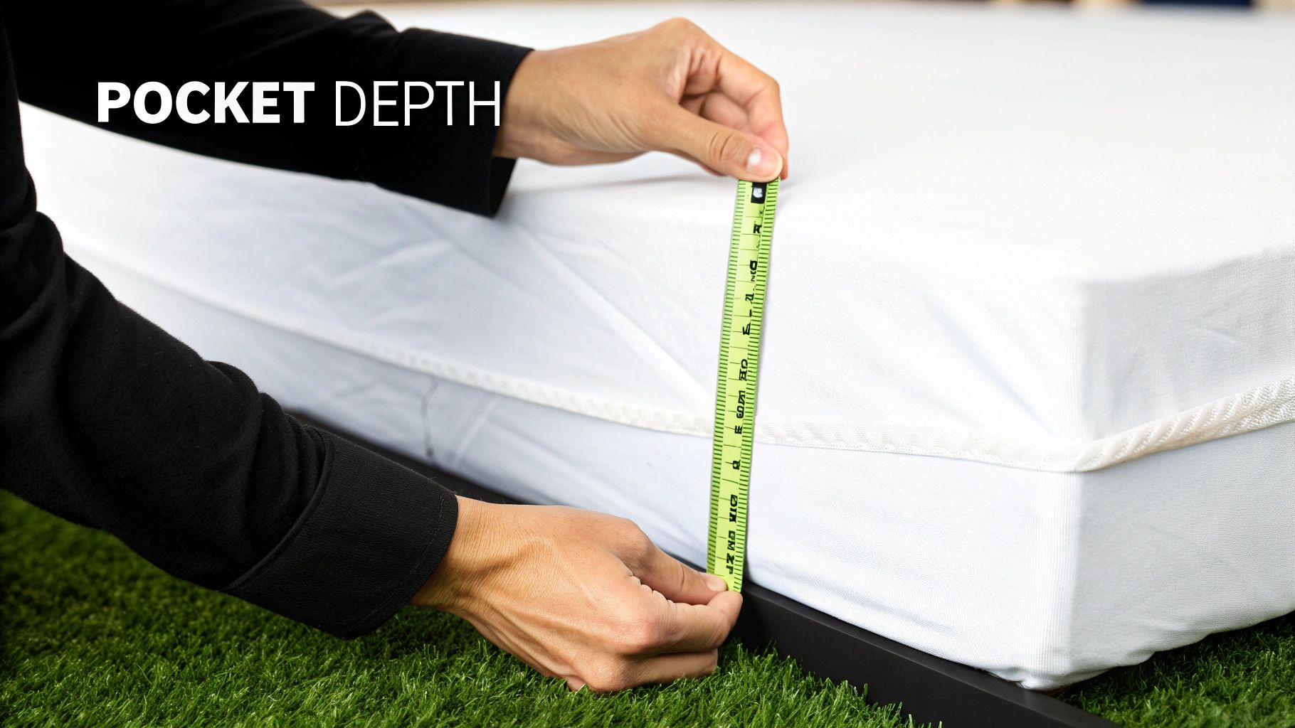 A person uses a green measuring tape to measure the pocket depth of a white mattress.