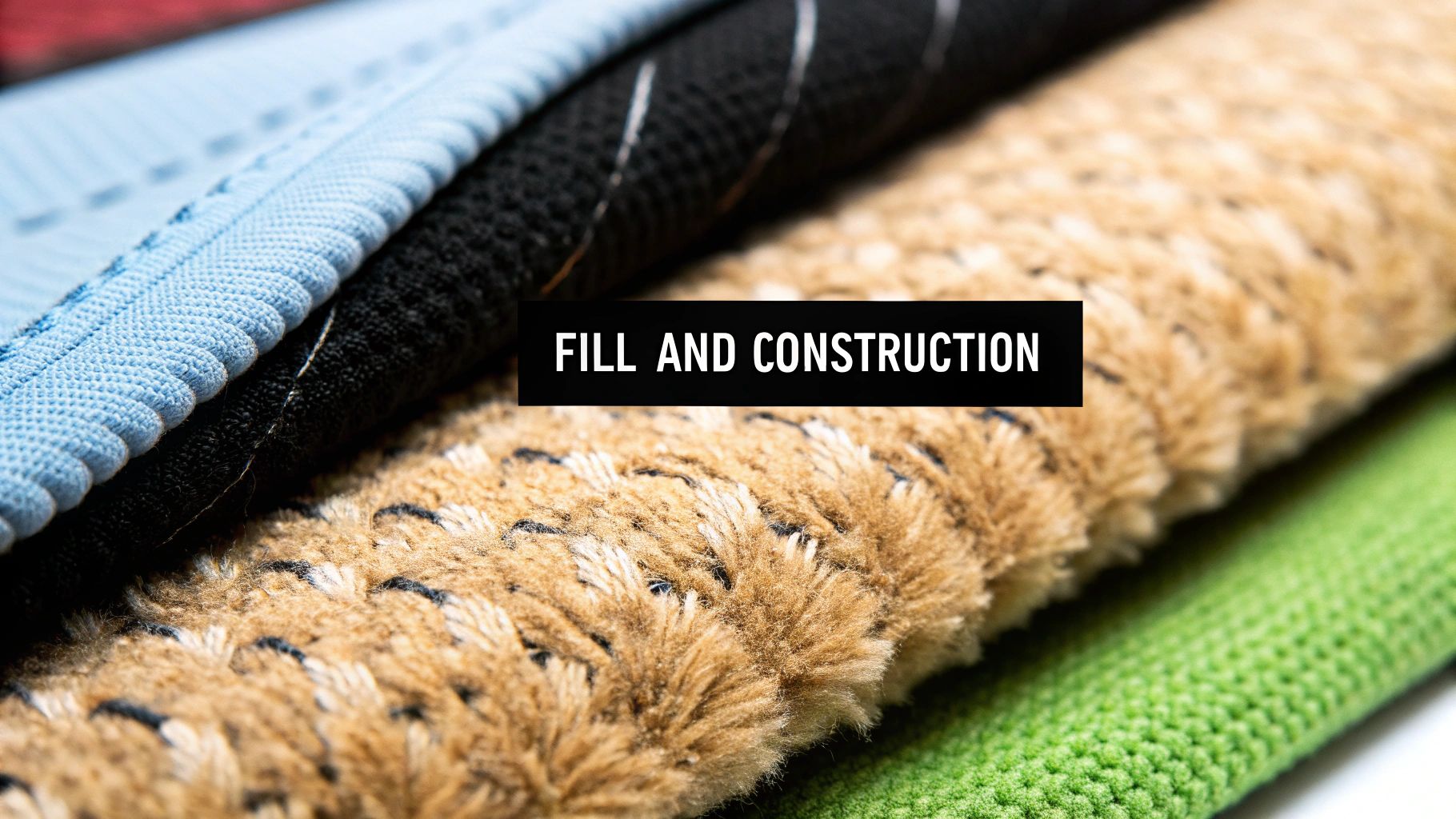 Close-up of multiple fabric layers with diverse textures and colors, illustrating fill and construction materials.