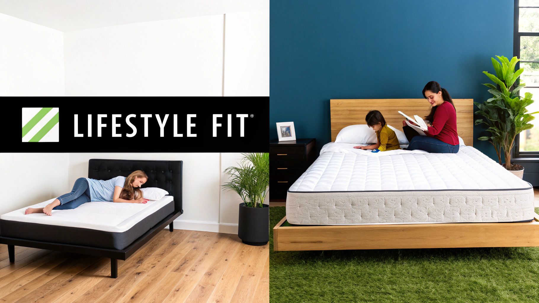 Lifestyle Fit brand showcasing two comfortable mattresses with people relaxing on beds in modern bedrooms