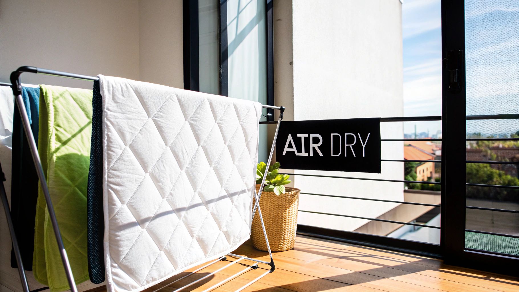 Laundry drying on a clothes rack on a bright balcony with an 'AIR DRY' sign and a plant.