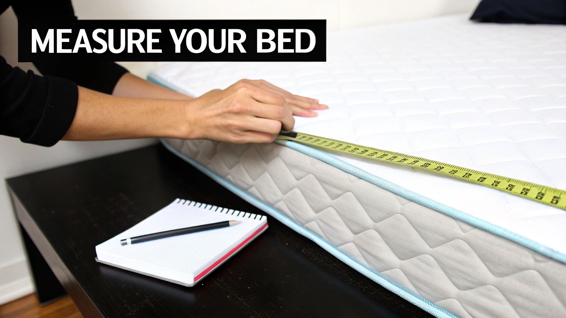 A person's hands measure the side of a white mattress with a yellow tape measure. A notepad and pencil are on a dark table.