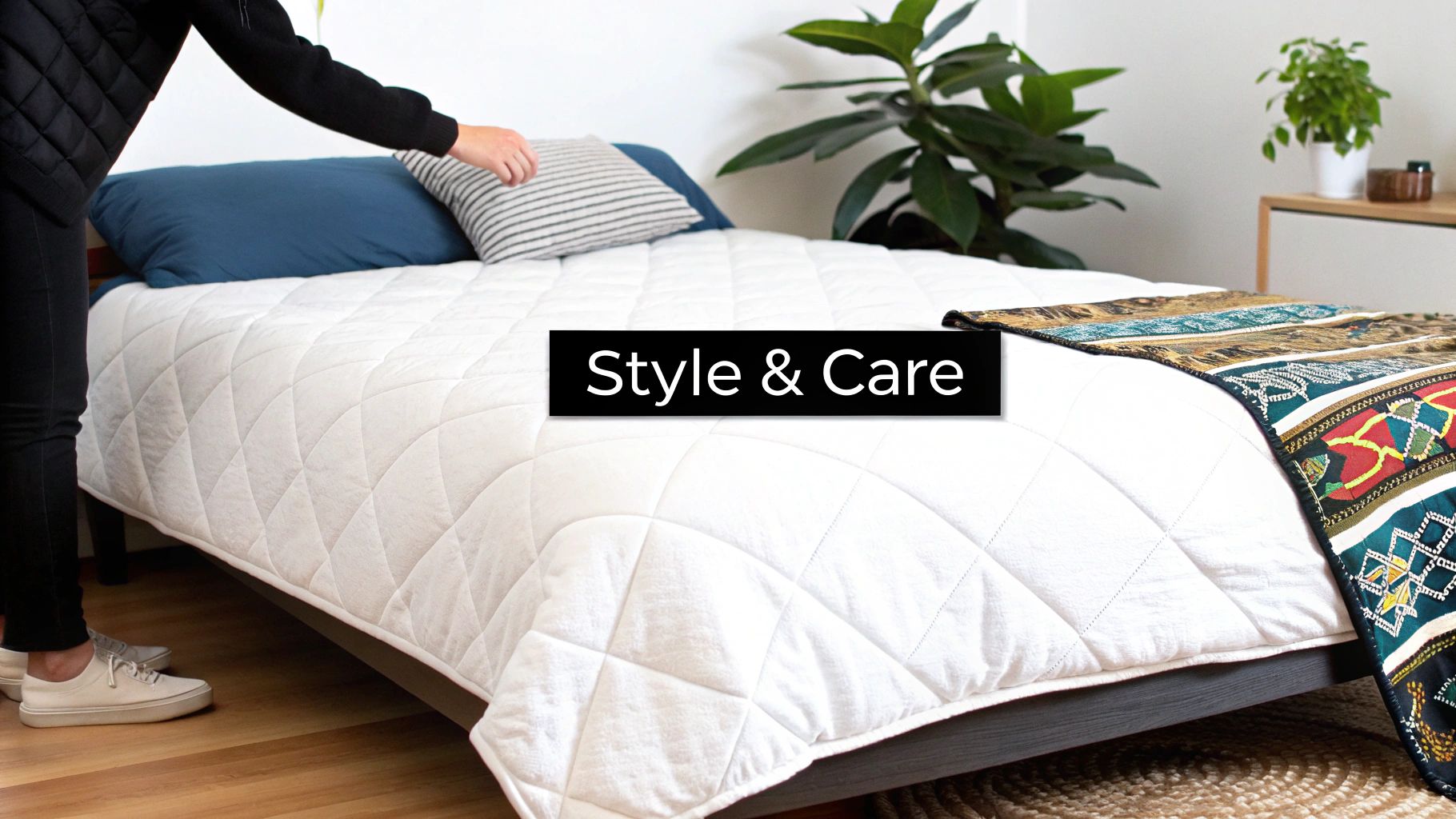 A person arranging pillows on a bed with a white quilted duvet and a colorful throw, showcasing style and care.