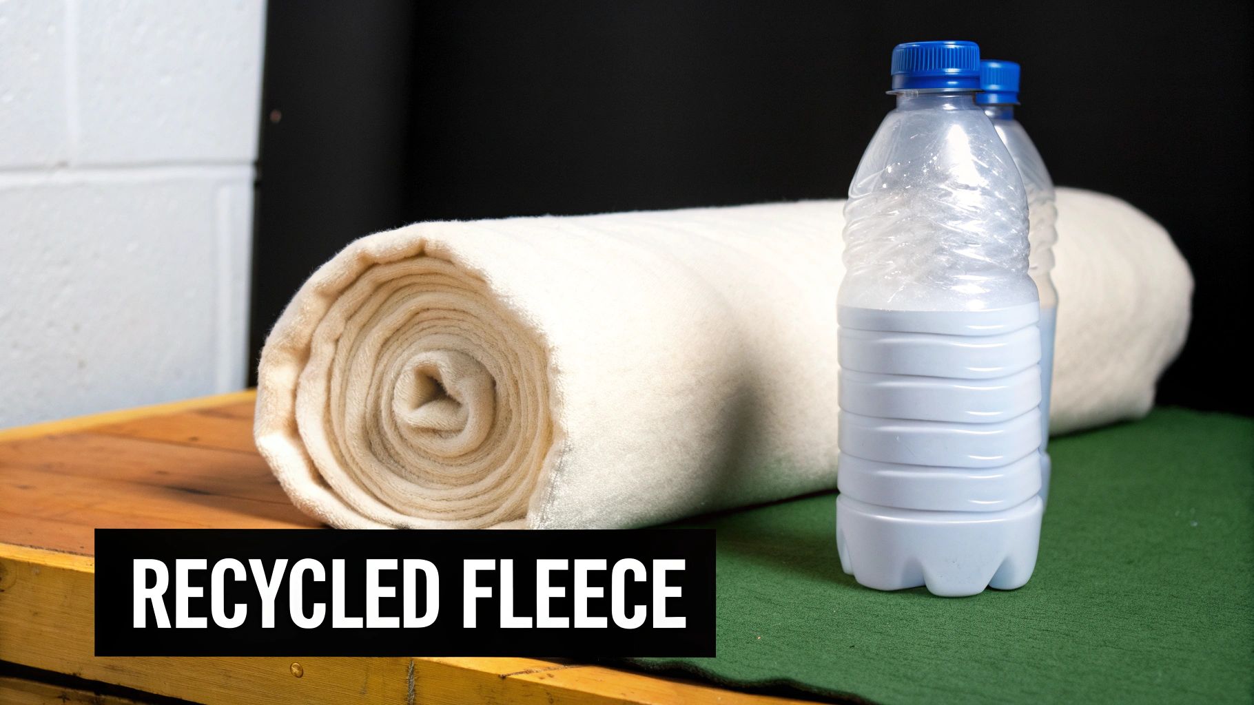 A person holding a stack of recycled fleece blankets, with green plants in the background suggesting an eco-friendly theme.