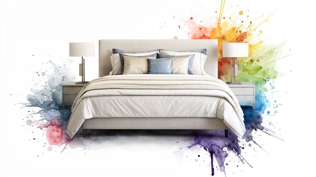 A modern bed with nightstands and lamps, surrounded by a vibrant watercolor splash design.