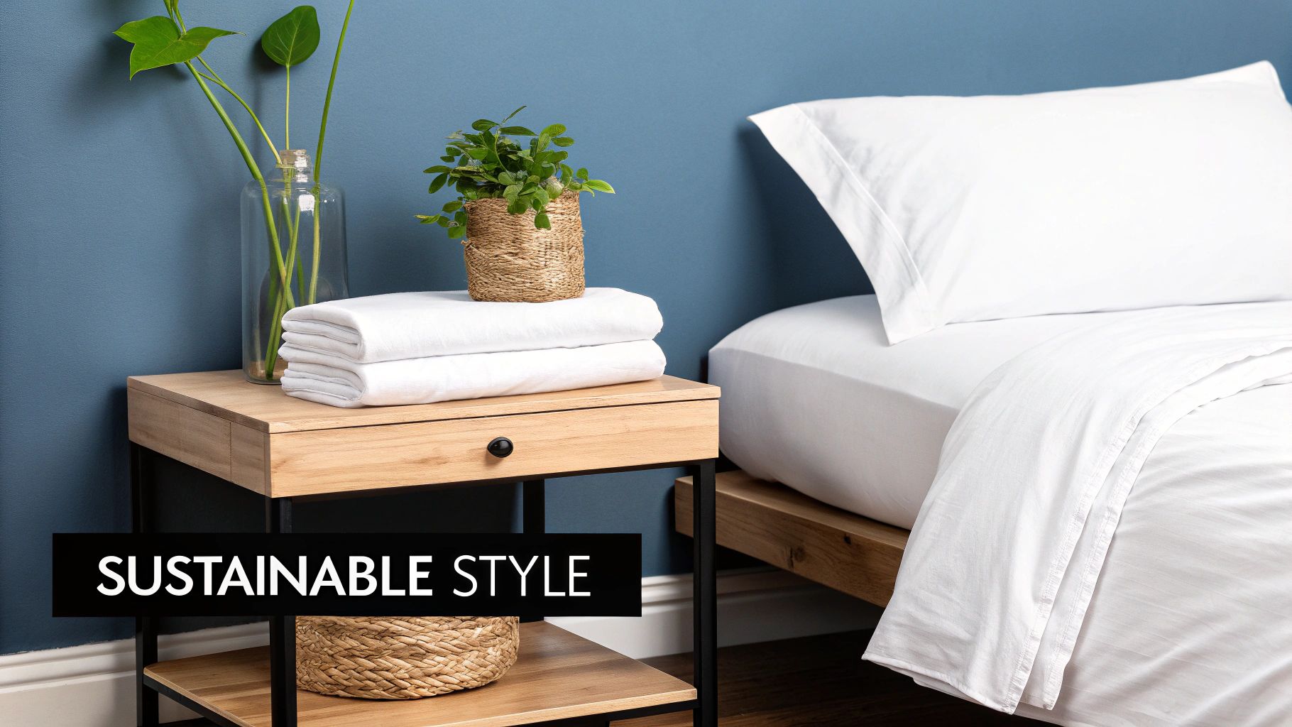 A beautifully made bed with neutral-toned organic cotton sheets, bathed in natural light.