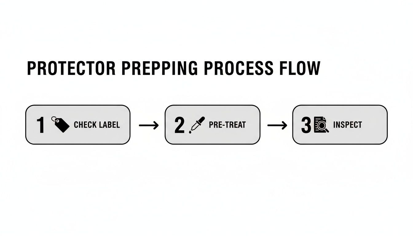 A process flow diagram detailing protector prepping: check label, pre-treat, and inspect.