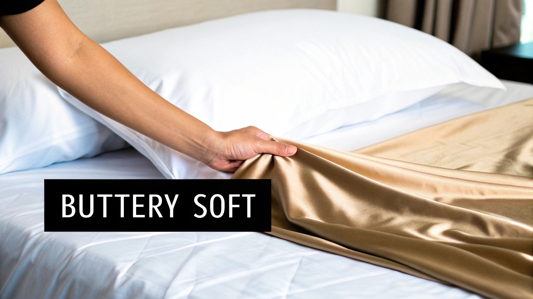 A hand gently pulls back a golden sateen bed sheet on a white bed, highlighting its buttery soft texture.