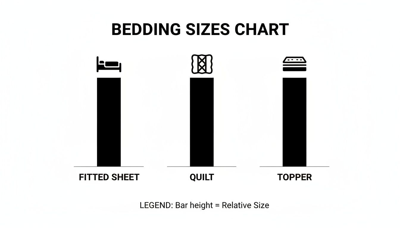 Bedding sizes chart showing relative sizes for fitted sheets, quilts, and toppers with explanatory bars.
