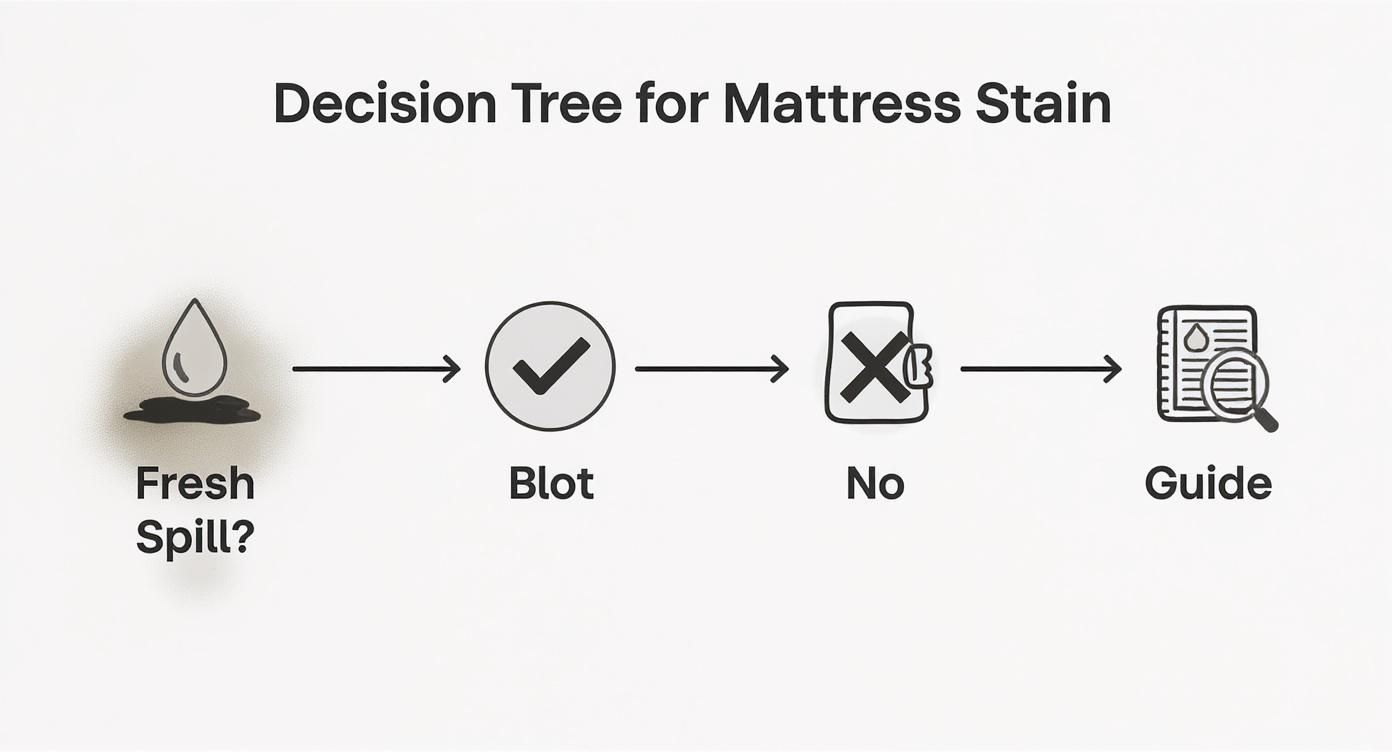 Decision tree flowchart showing steps to handle a mattress stain: fresh spill, blot, no, guide.