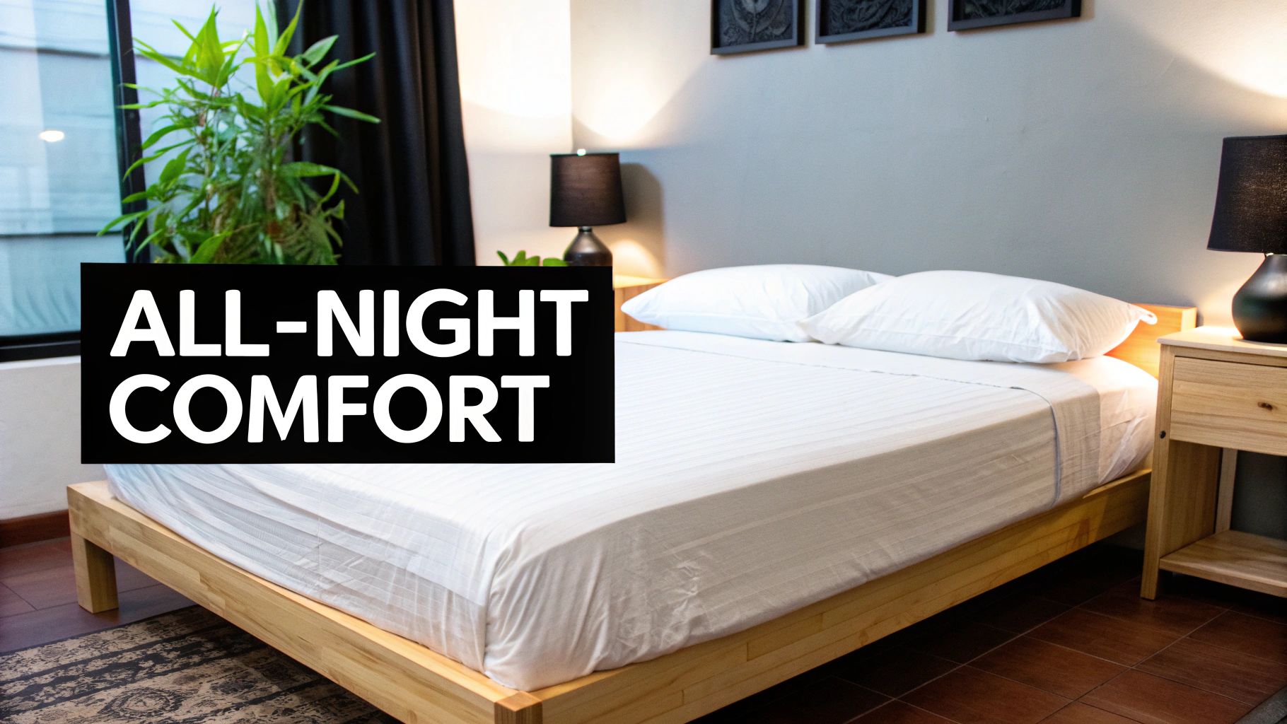 A modern bedroom featuring a bed with crisp white sheets and pillows, perfect for comfortable sleep.