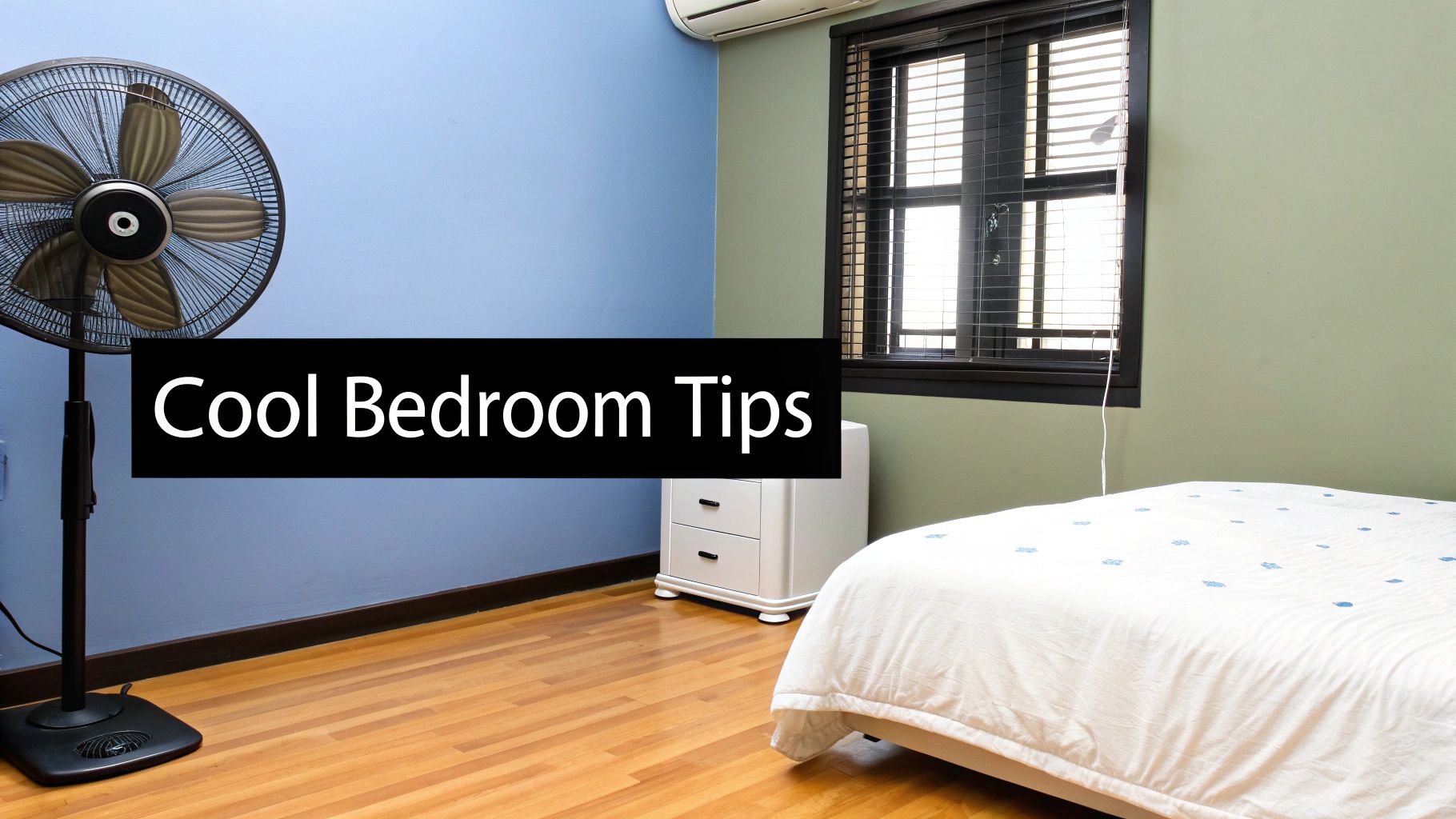 A calm and cool bedroom with light-coloured decor and a window letting in soft, indirect light.