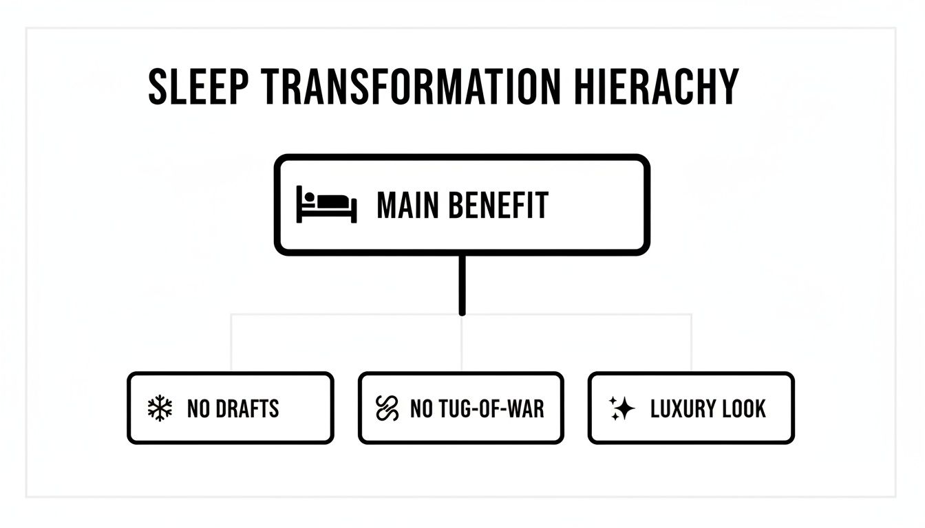 Hierarchy chart illustrating sleep transformation benefits: main benefit leads to no drafts, no tug-of-war, and luxury look.