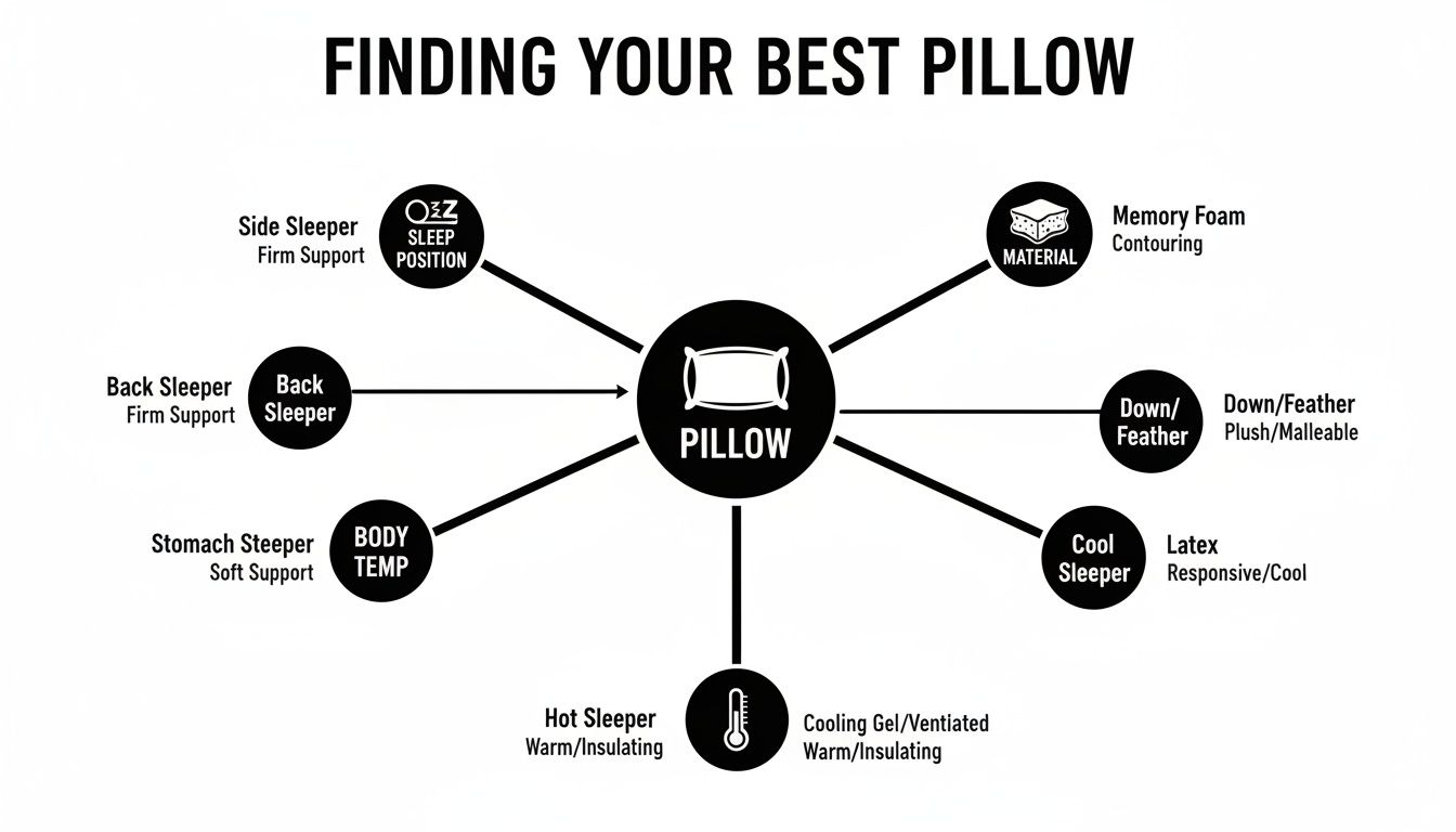 Diagram guiding pillow selection based on sleep position, material, and body temperature preferences.