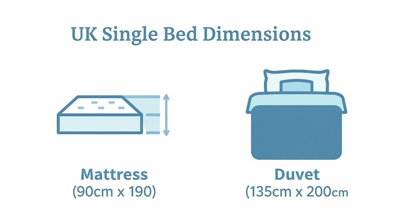 UK single bed dimensions showing mattress size 90cm by 190cm and duvet size 135cm by 200cm