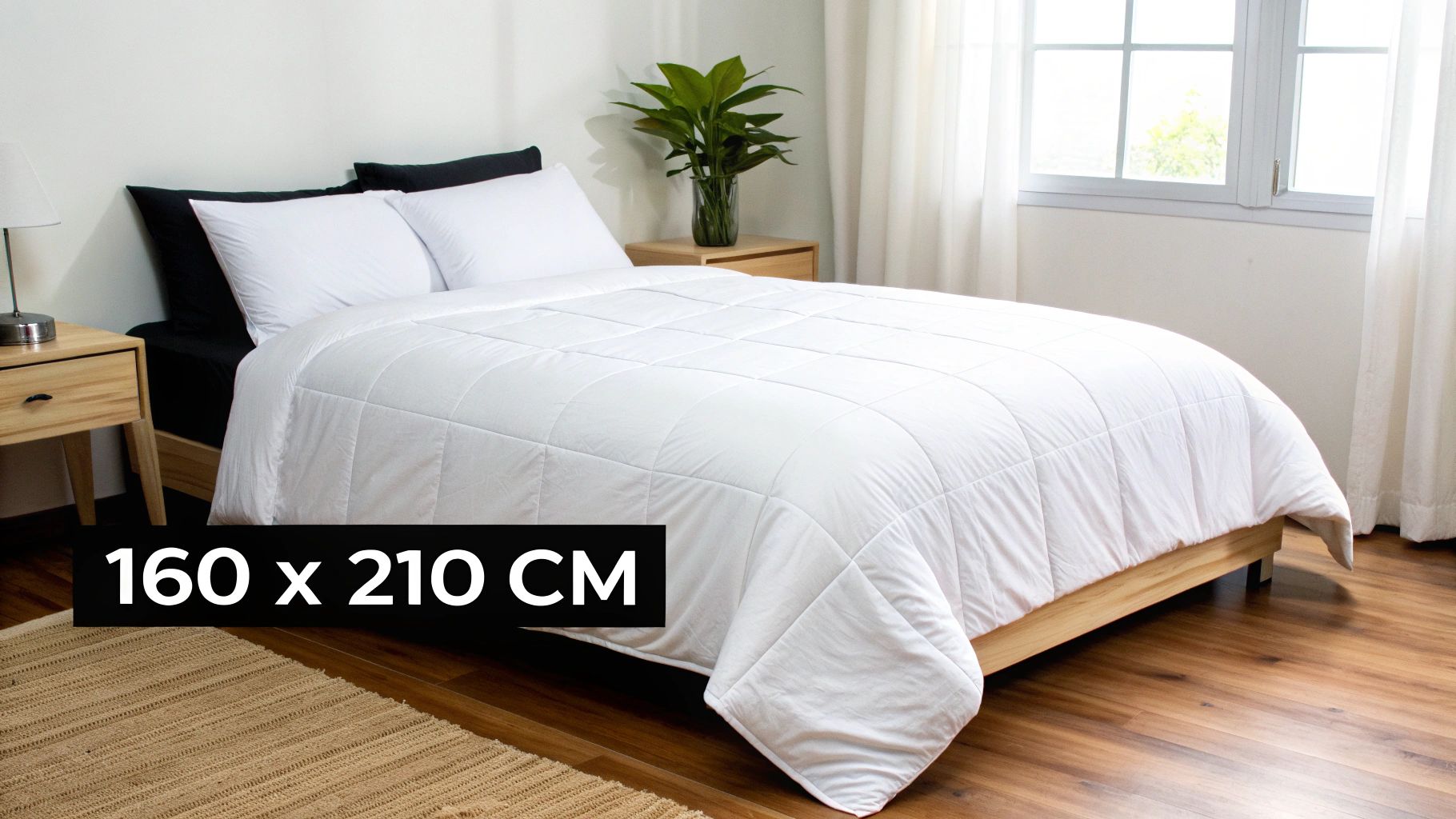 A modern bedroom with a neatly made bed featuring a white duvet, black sheets, and wooden furniture.