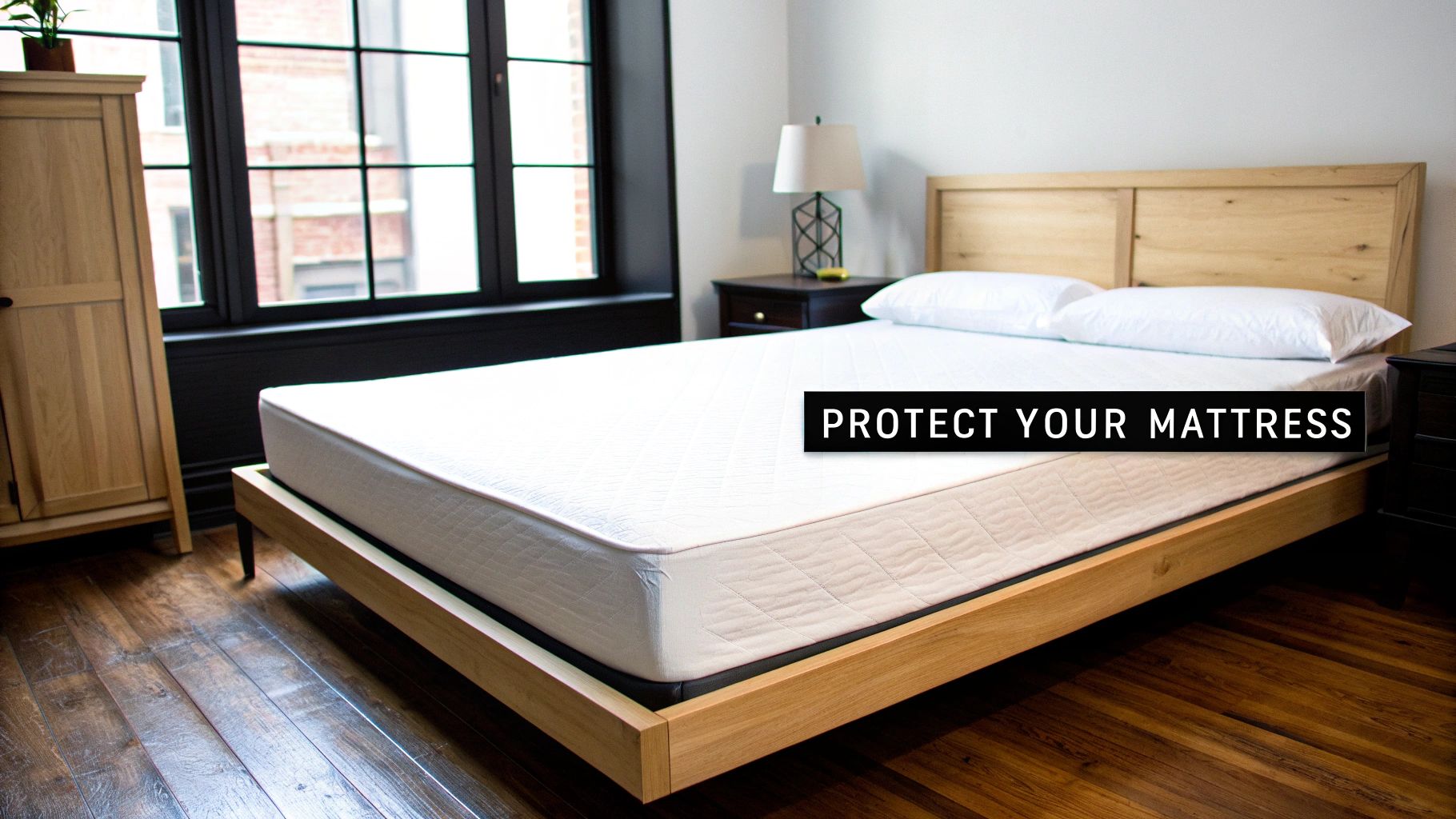 A modern bedroom with a bed featuring a white mattress protector, wooden headboard, and a bedside lamp.
