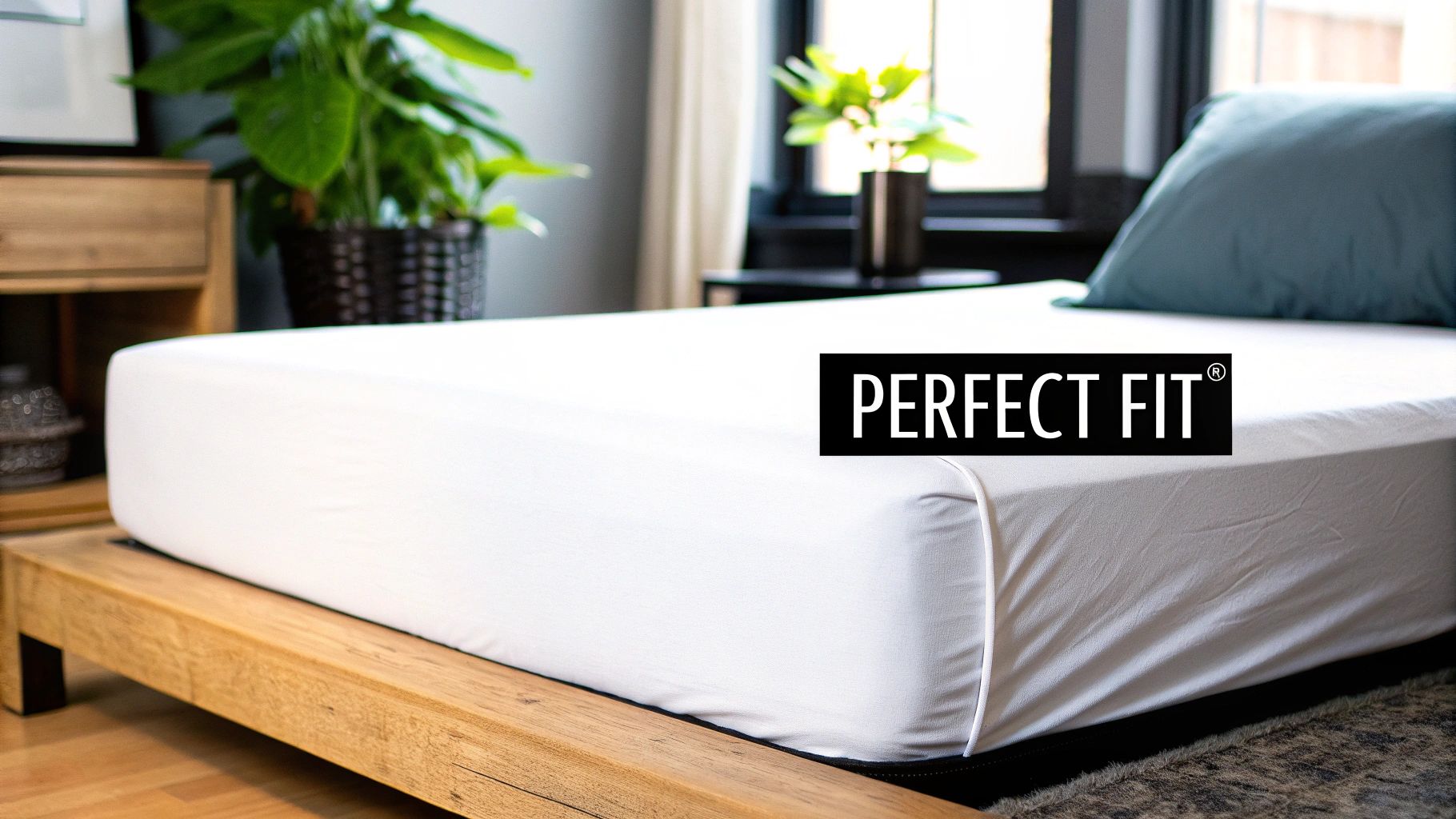 A neatly made bed with cosy, extra deep brushed cotton fitted sheets, showing a perfect, smooth fit over a thick mattress.