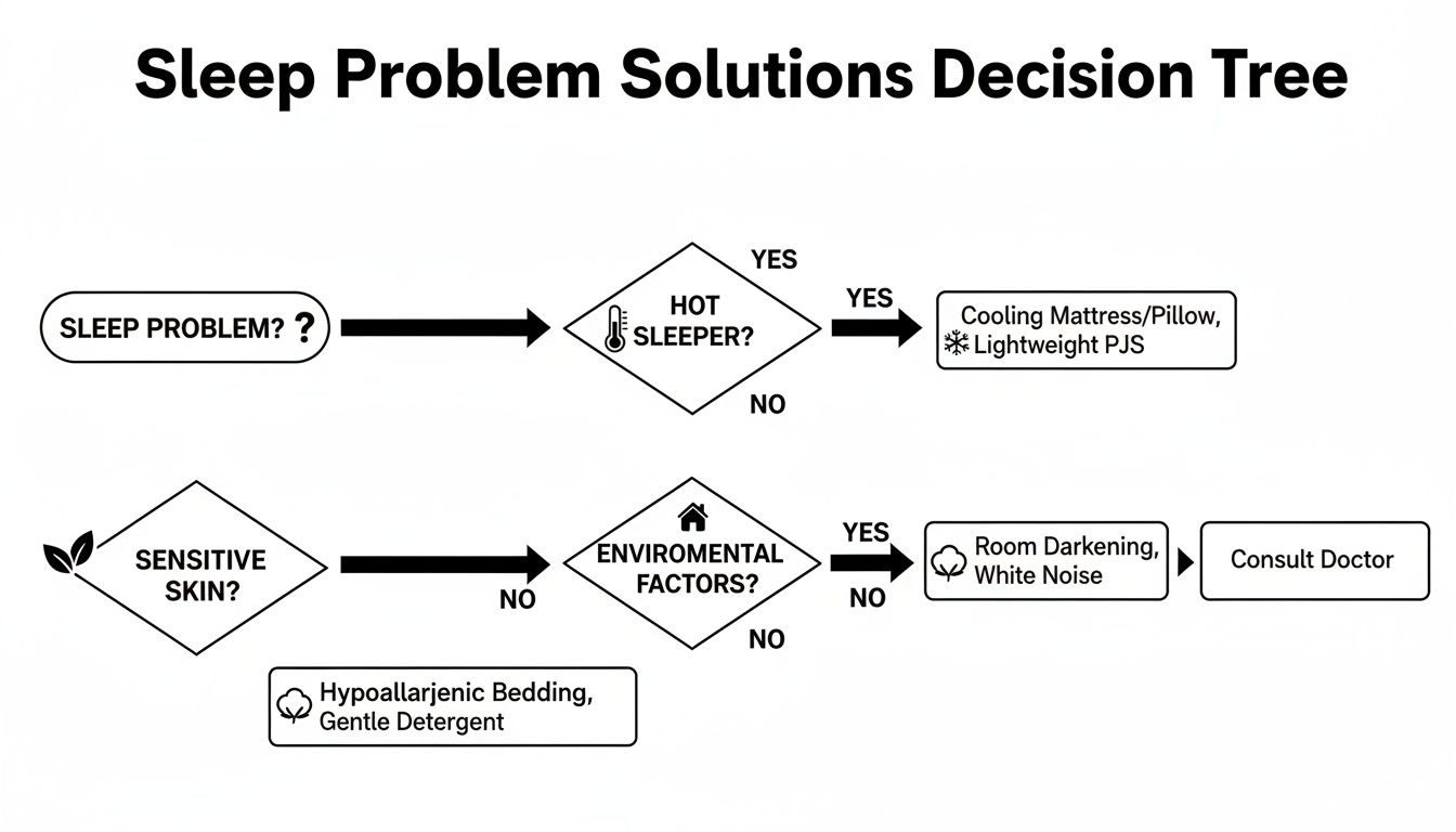 A decision tree flowchart outlining solutions for common sleep problems, including hot sleepers and sensitive skin.