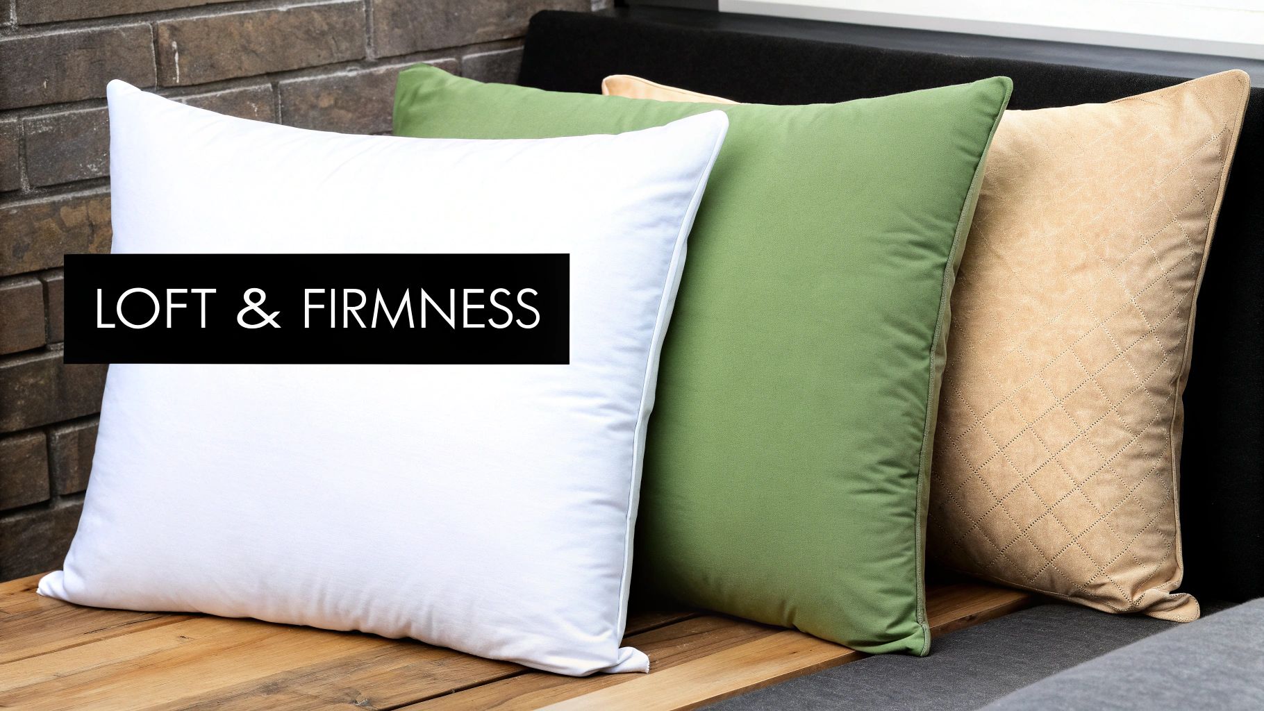 Three pillows in white, green, and beige, with a 'LOFT & FIRMNESS' banner, on a wooden surface.