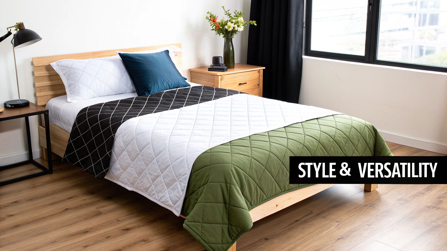A cozy bedroom with a modern wooden bed frame and a stylish black, white, and green quilted bedspread.