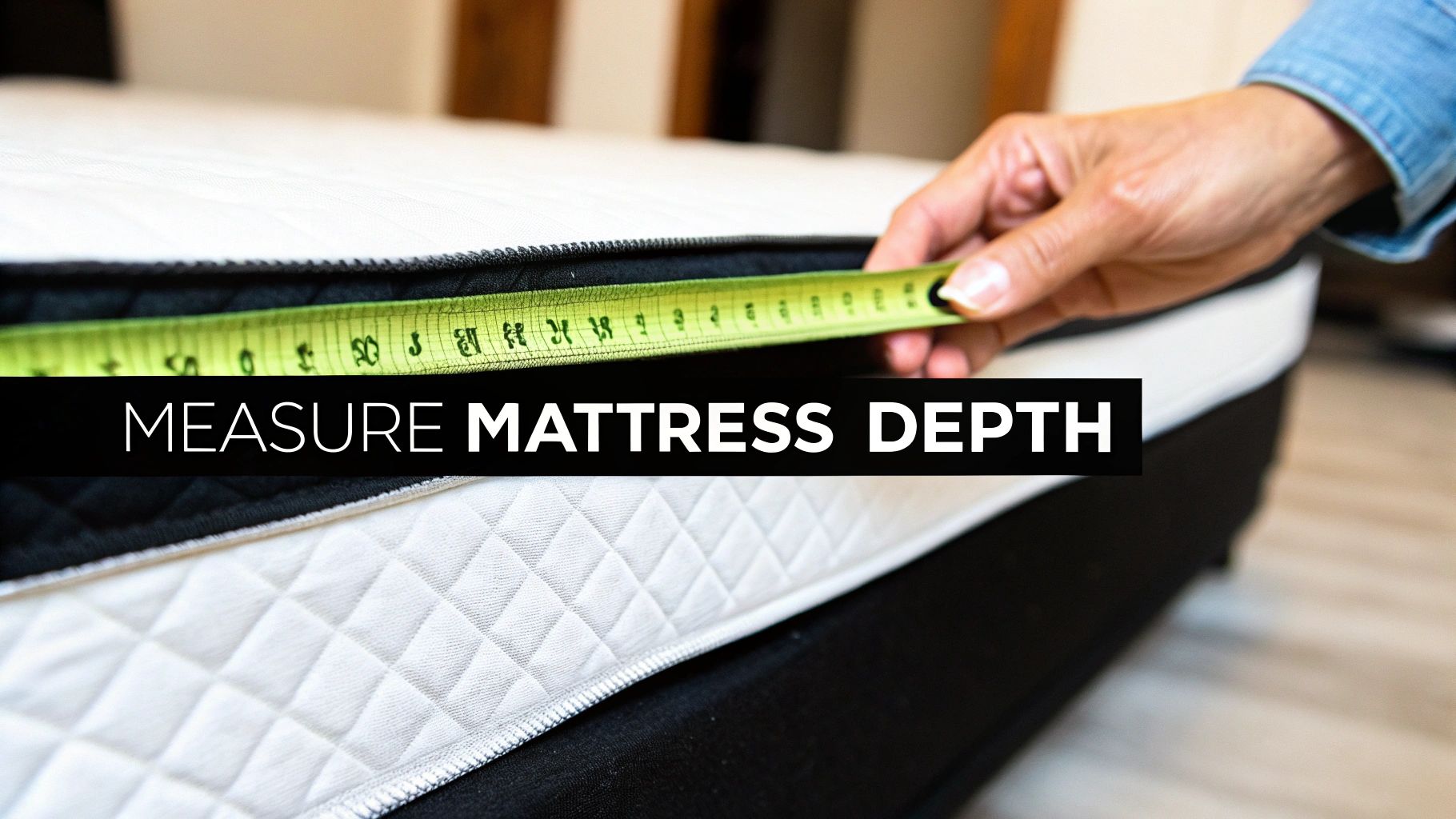 A close-up of a person measuring the depth of a thick mattress with a tape measure.