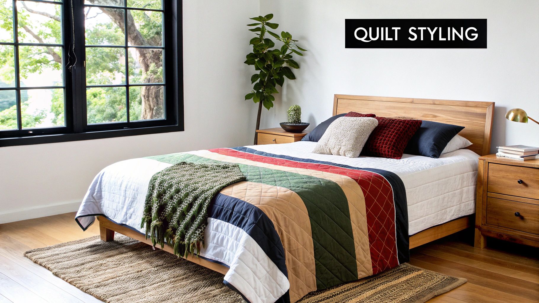 A cozy bedroom featuring a wooden bed with a colorful striped quilt, a green throw, and nightstands.