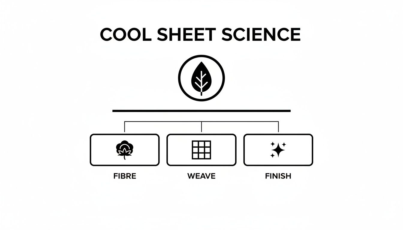 Diagram illustrating the science of cool sheets, detailing key elements: fibre, weave, and finish.